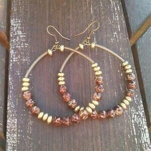 Handcrafted Big Beaded Hoop Earrings 3" Long Antiqued Brass Gold Mocha Brown